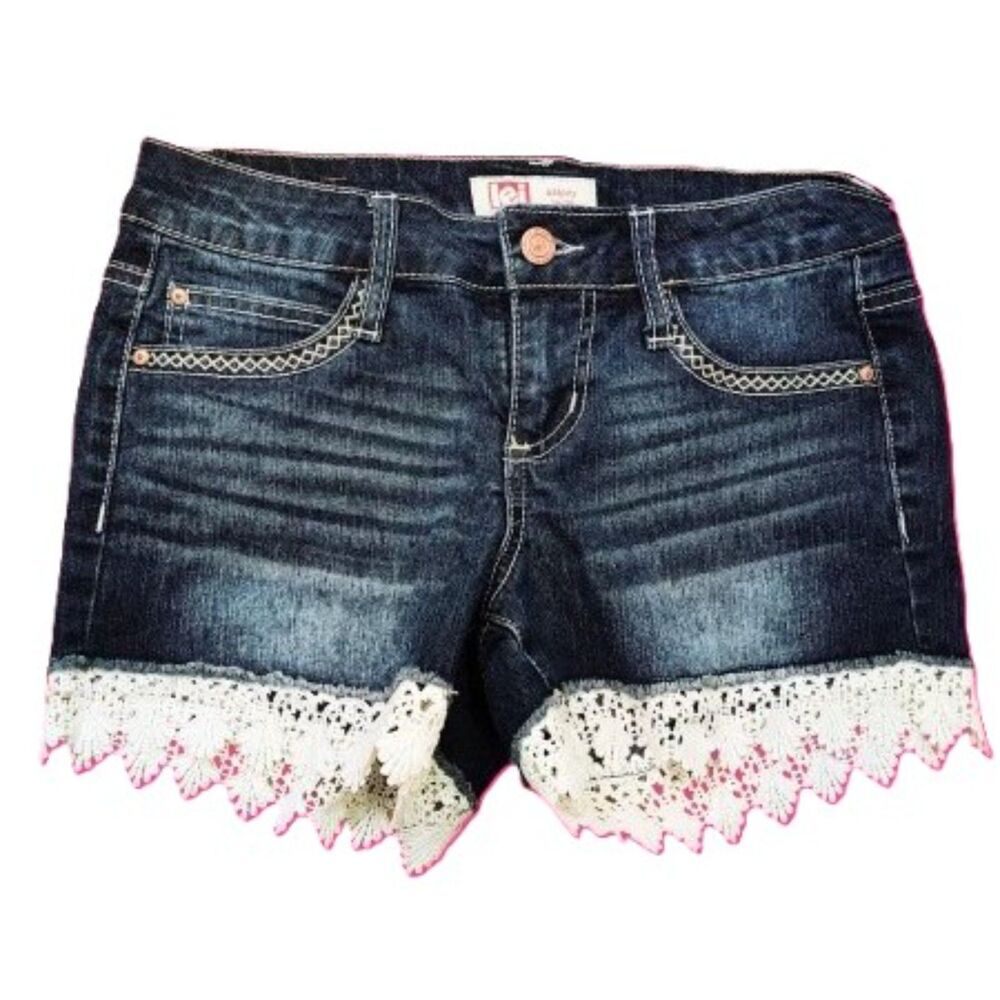 LEI Ashley Low Rise Denim Shorts Size 1 Regular Lace Trim Blue Jean Juniors